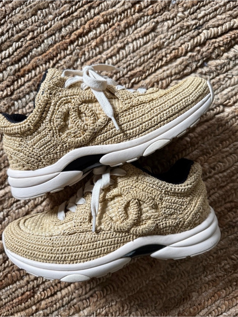 🤍🤍Authentic CHANEL
Braided Raffia Sneakers-great condition, great price!! 🖤🖤